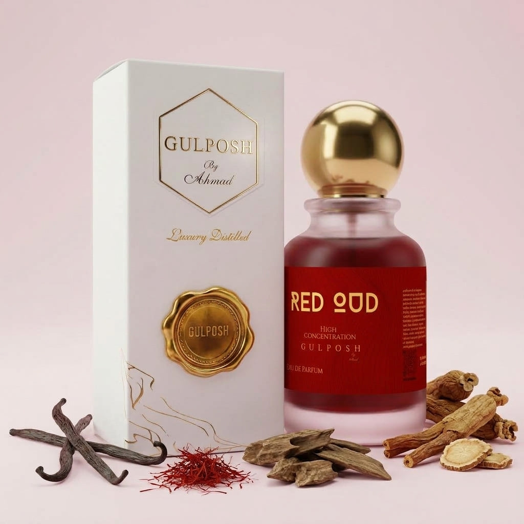 Gulposh Red Oud perfume with gift box, saffron, oud wood and vanilla